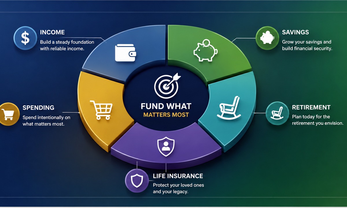 Cash flow planning diagram for income, spending, savings, insurance, and retirement