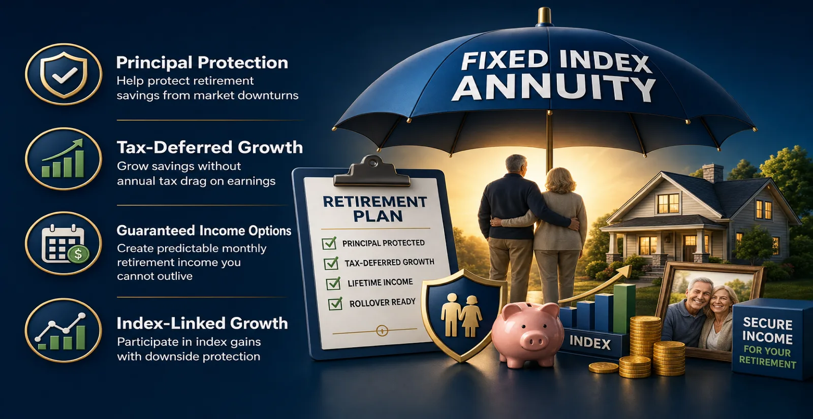 Fixed index annuity overview showing principal protection, tax-deferred growth, guaranteed income options, and index-linked retirement savings